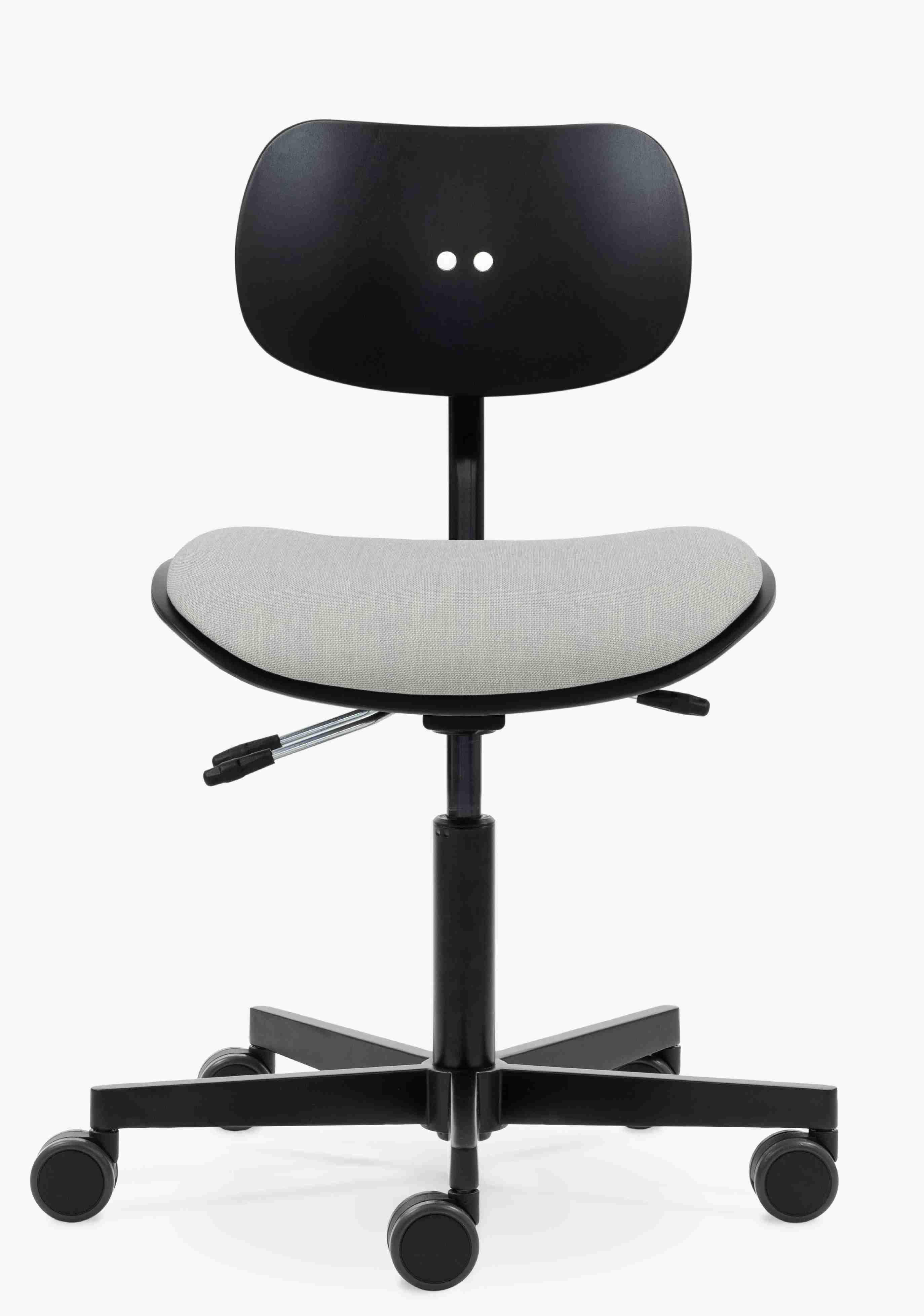 S 197 R20 Bürostuhl von Wilde+Spieth, ergonomischer Drehstuhl mit Rollen, schwarzem Gestell und grauem Sitzpolster.