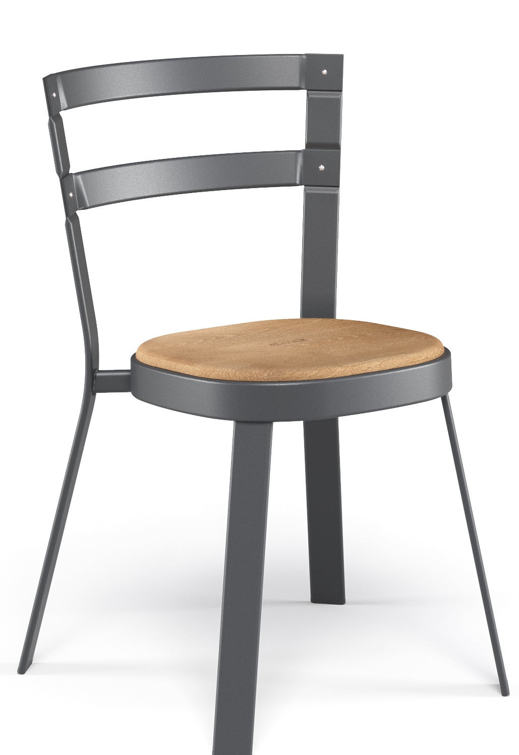 Emu Thor Chair Outdoor Stuhl, graues Metallgestell mit Sitzfläche in Holzoptik, modernes Gartenmöbel Design.