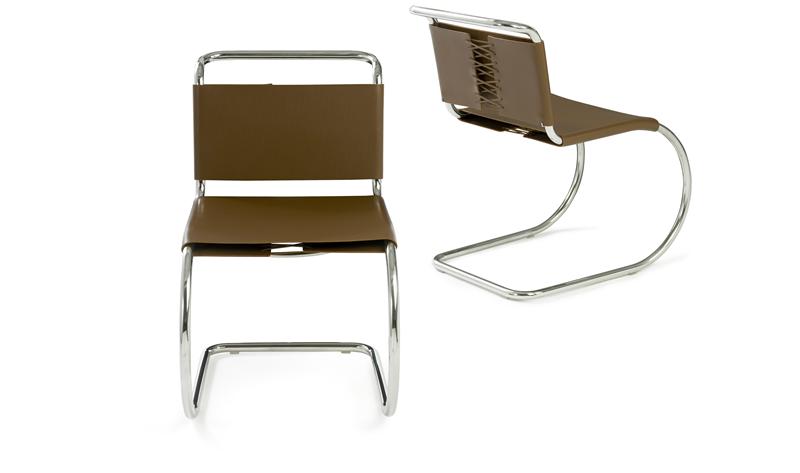 MR Freischwinger Stuhl von Knoll International, braunes Leder, Stahlrohrgestell, modernes Design für Esszimmer und Büro.