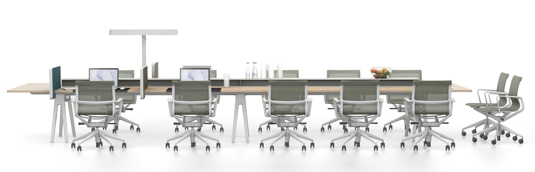 Physix Bürodrehstühle von Vitra in olivgrün an einem langen Konferenztisch mit Computern.