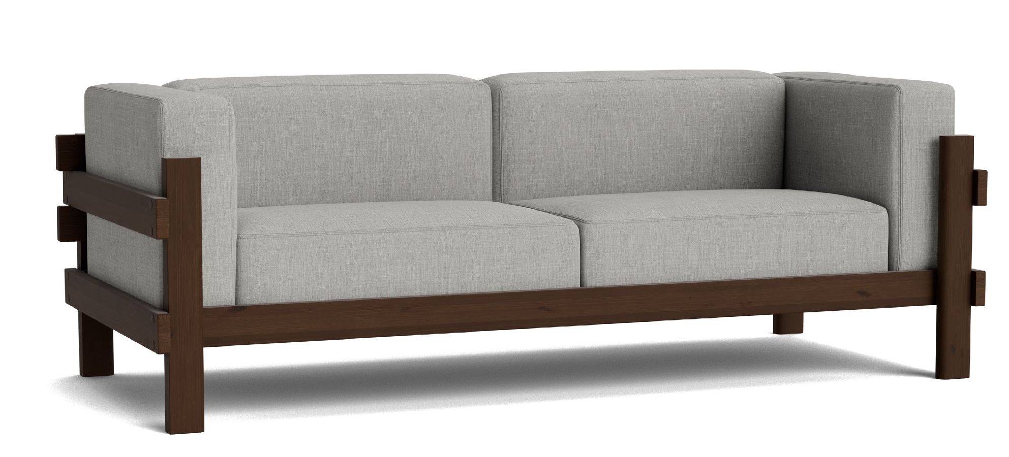 Kube Sofa von Normann Copenhagen, graues Stoffsofa mit dunklem Holzrahmen für Wohnzimmer.