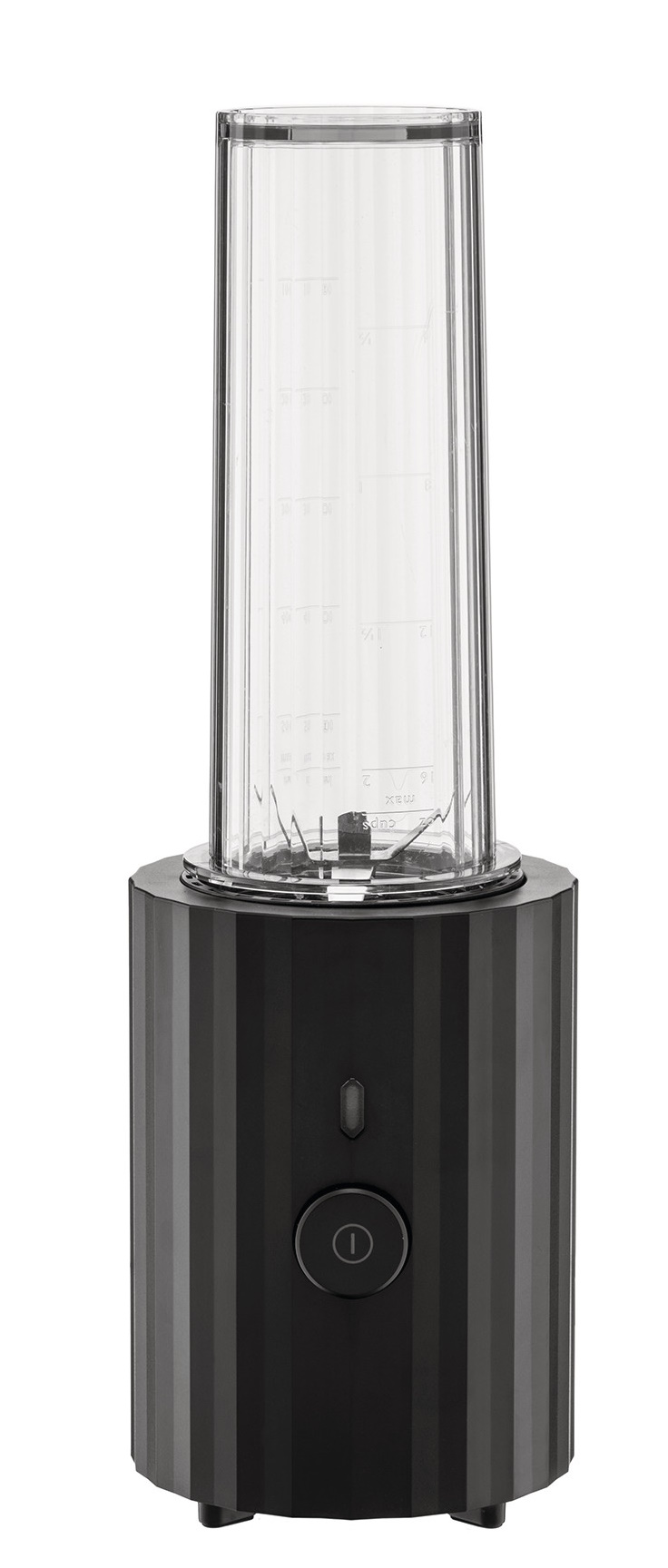 Schwarzer Alessi Plissé Smoothie Maker MDL17 mit transparentem Behälter und Messskala für gesunde Smoothies.
