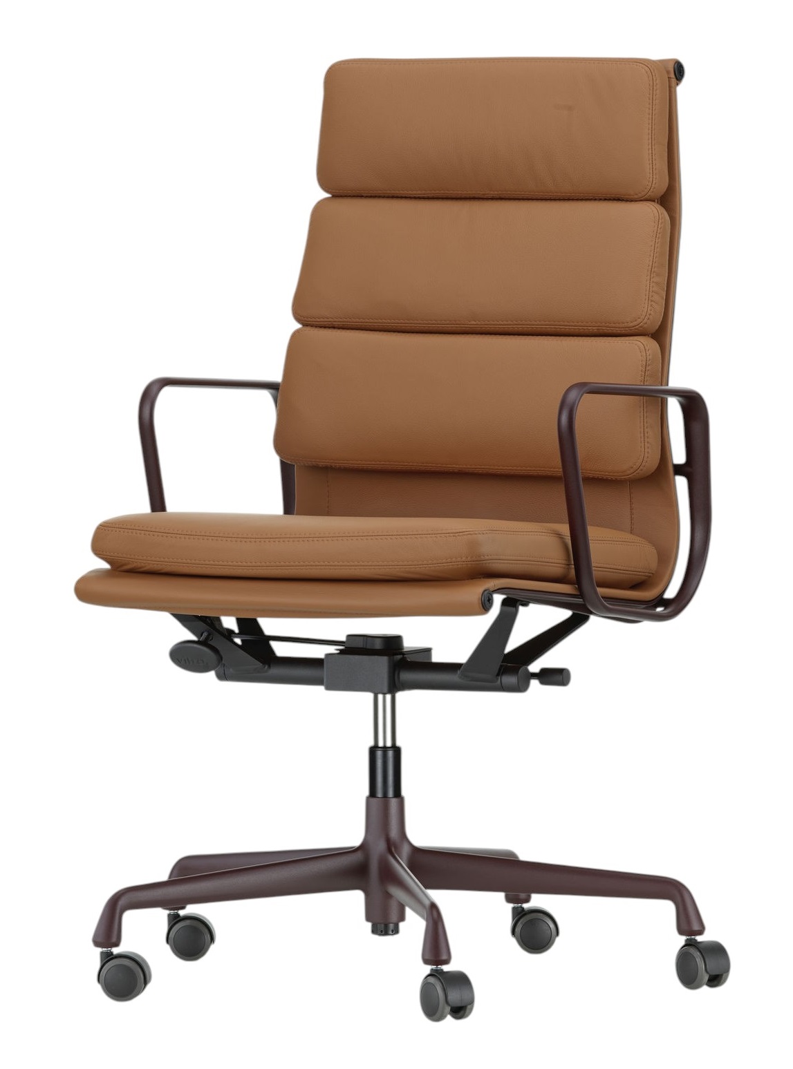 Vitra EA219 Soft Pad Chair in Cognac Leder, Bürostuhl mit Armlehnen und Rollen.