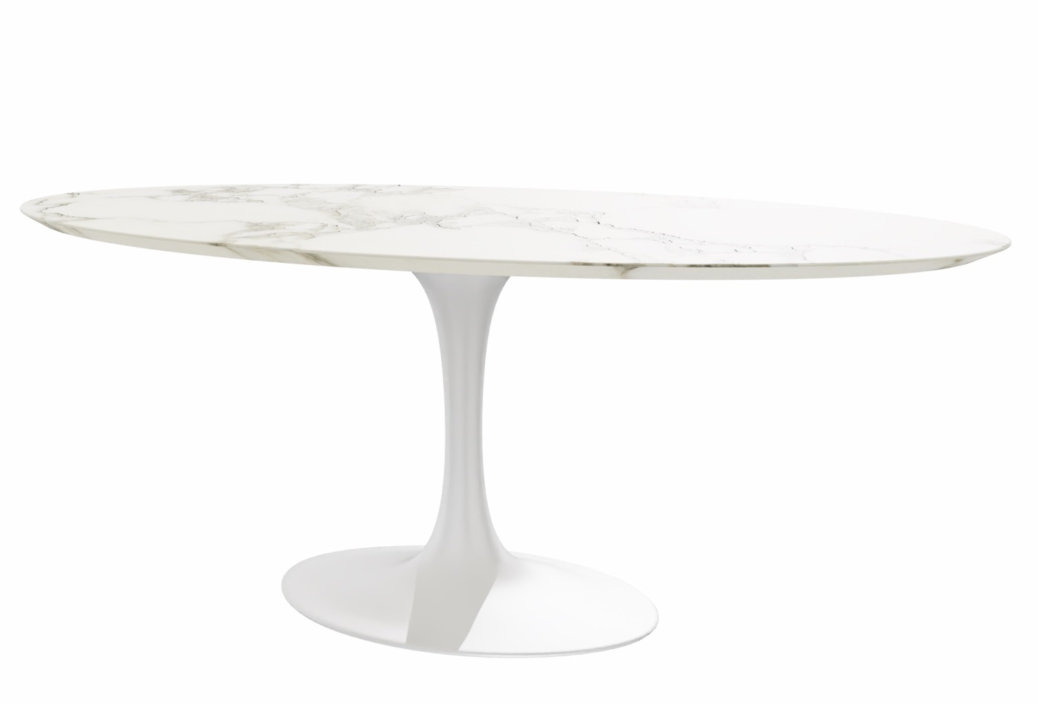 Saarinen Esstisch oval von Knoll International mit weißer Marmorplatte und weißem Tulpenfuß.