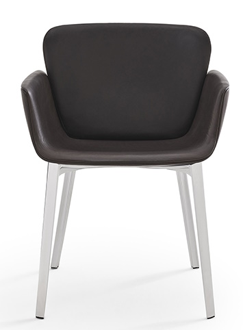 KN06 Stuhl von Knoll International mit braunem Lederbezug und silbernem Metallgestell, Frontansicht.