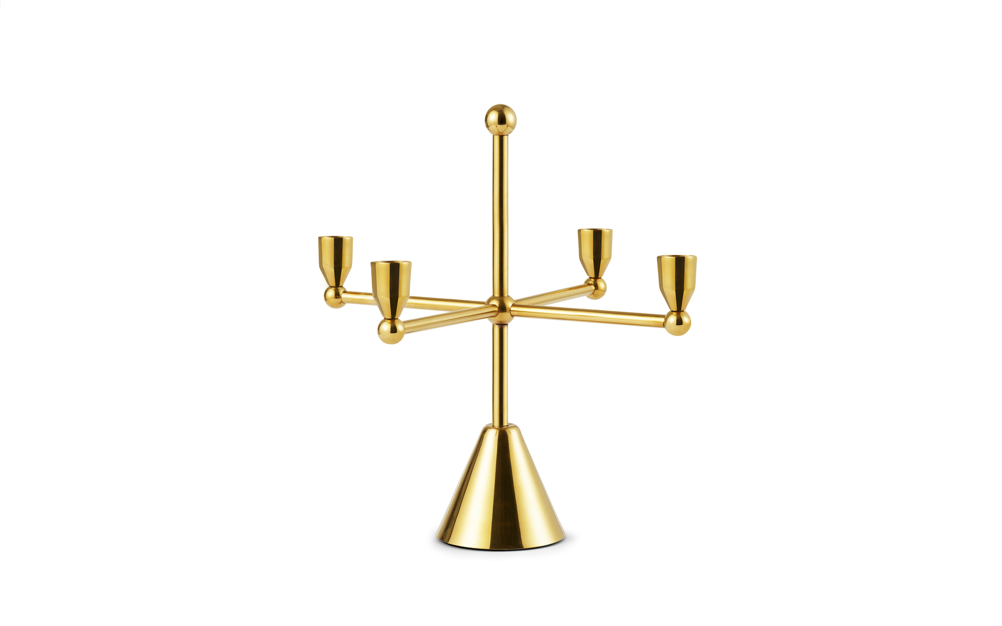 Goldener Pirouette Kerzenhalter von Normann Copenhagen mit vier Armen für Stabkerzen. Dekorative Tischdekoration.