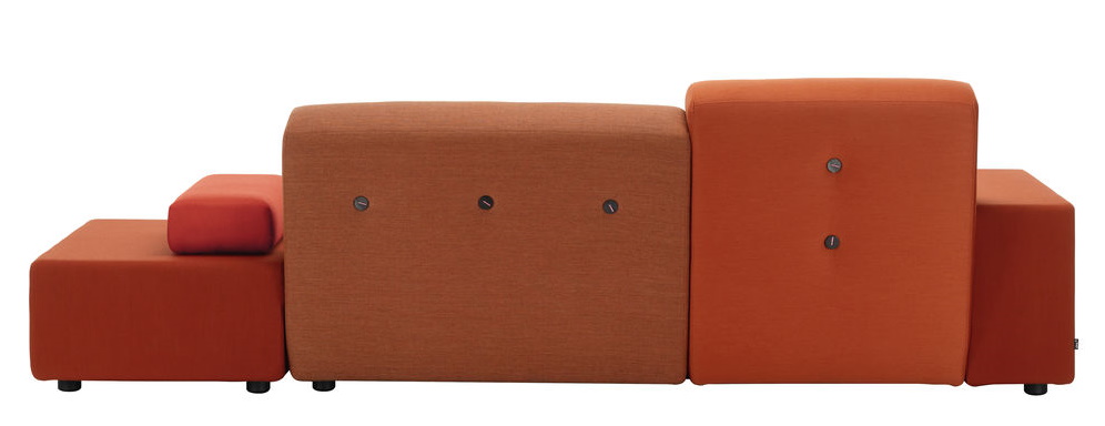 Oranges Polder Sofa von Vitra, modernes modulares Design mit Stoffbezug und Knopfdetails.