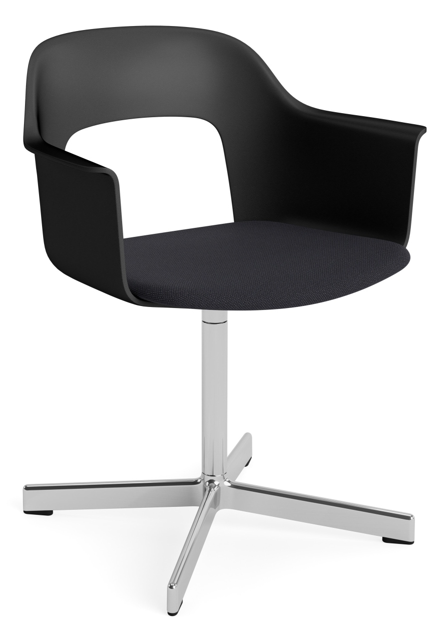 Layout Armchair 233 von Hay, Bürostuhl mit Armlehne, schwarze Sitzschale und Drehfuß aus poliertem Aluminium.