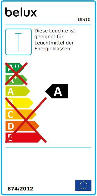Belux Disk Stehleuchte: Energieeffizienzklasse A, geeignet für Leuchtmittel der Energieklassen A++ bis E.