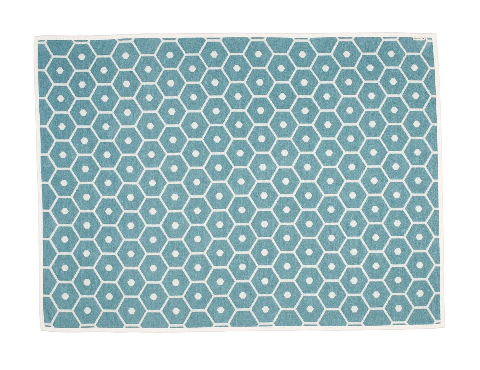 Pappelina Honey Wolldecke 140x180cm mit blauem Sechseckmuster und weißem Rand, hochwertige Wohndecke.
