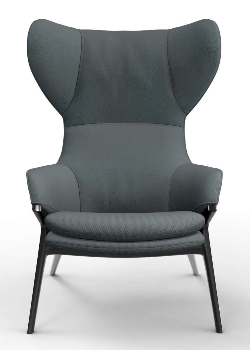 Grauer 395 P22 Sessel von Cassina mit hoher Rückenlehne und dunklen Holzbeinen, Frontansicht.