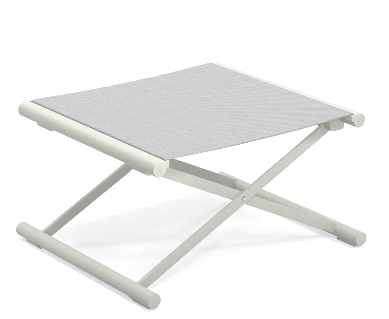 Emu Terra Fußhocker für den Außenbereich, modernes Design mit grauem Textilbezug und Gestell.