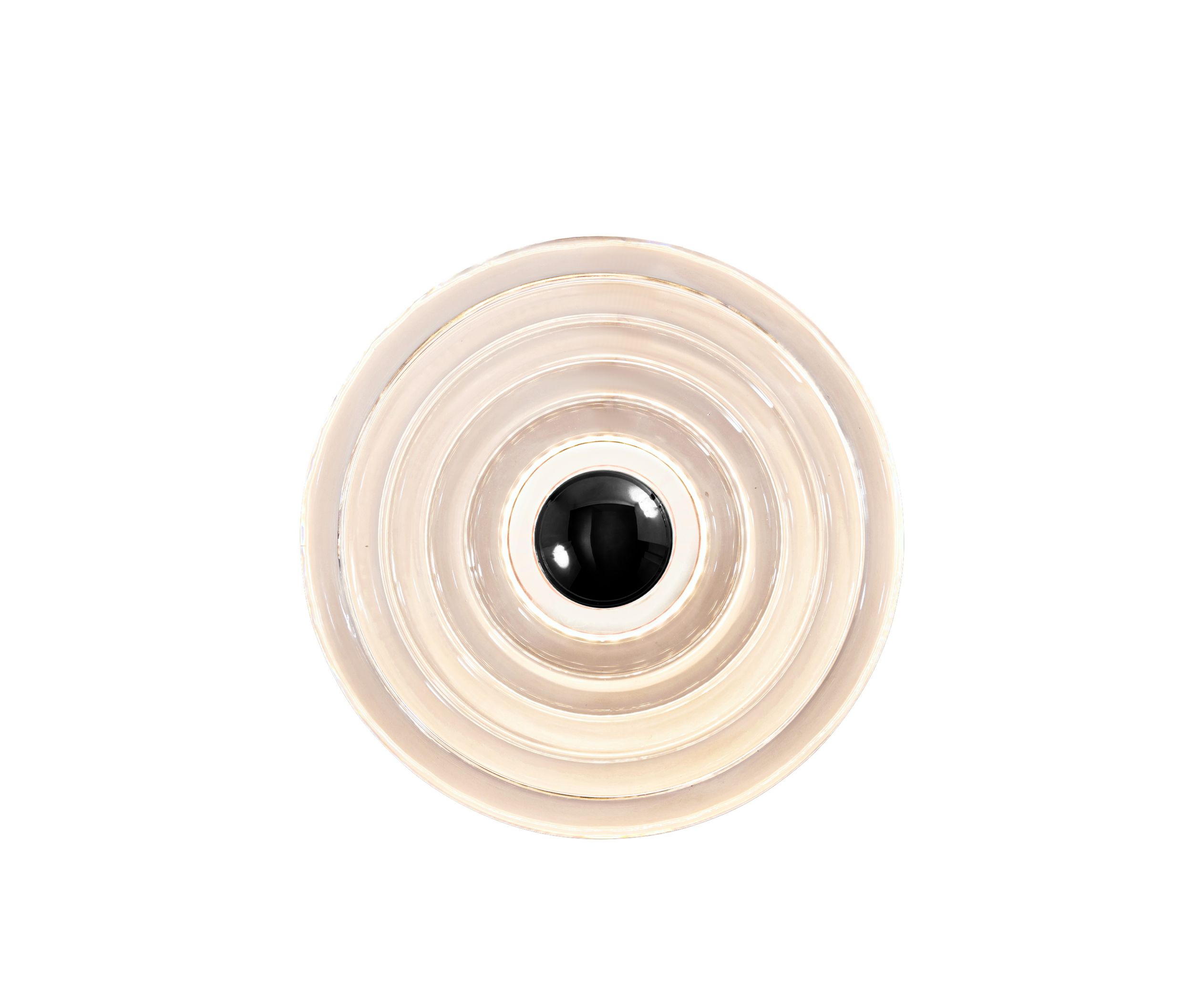 Nahaufnahme der Tom Dixon Press Surface Large Wandleuchte mit schwarzem Diffusor und gerippter Glasstruktur.