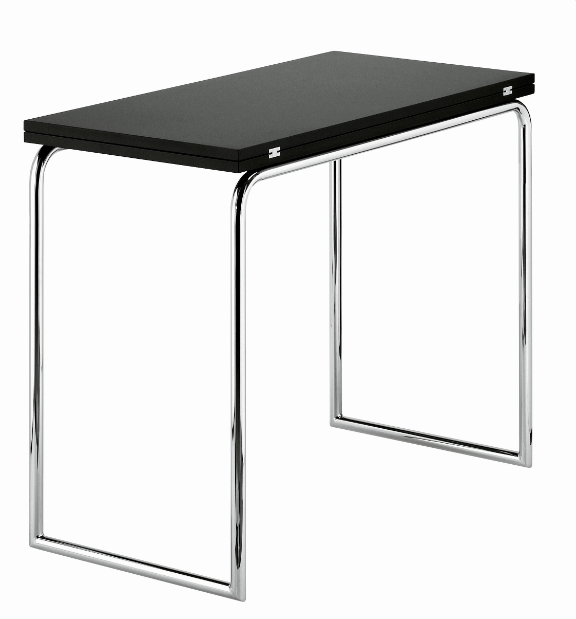 B 109 Klapptisch von Thonet mit schwarzer Tischplatte und verchromtem Stahlrohrgestell.