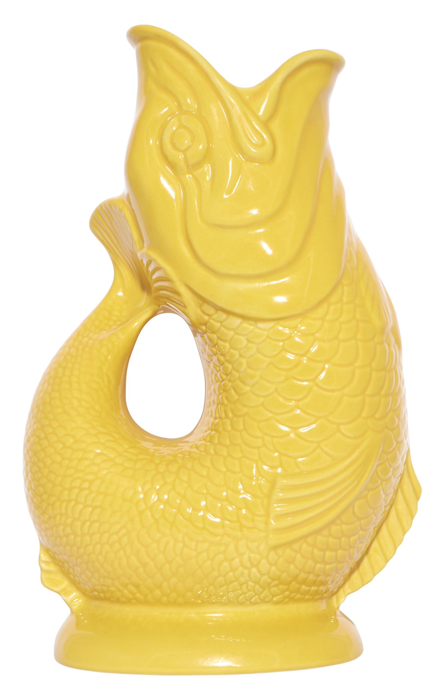 Gelbe Gluckigluck Karaffe in Fischform, XL Größe. Keramik Vase, dekorativ und einzigartig.