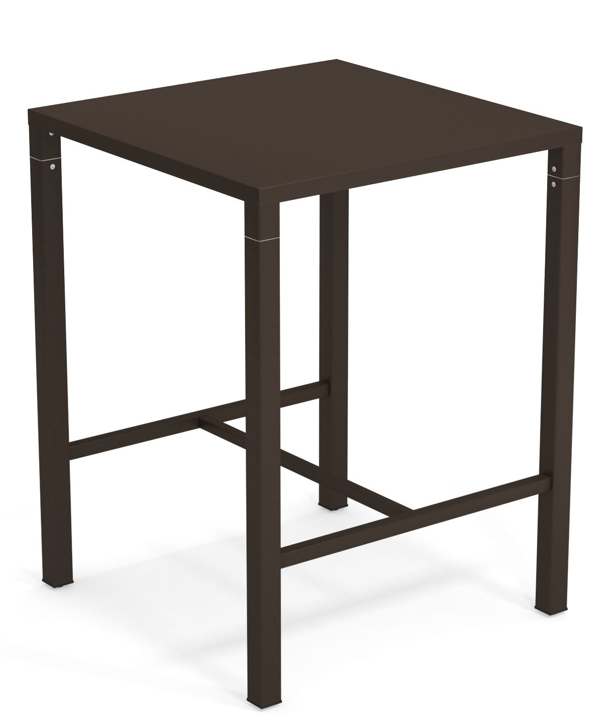 Nova Hochtisch Outdoor Emu, quadratischer Stehtisch für den Garten oder die Terrasse, braunes Metallgestell.