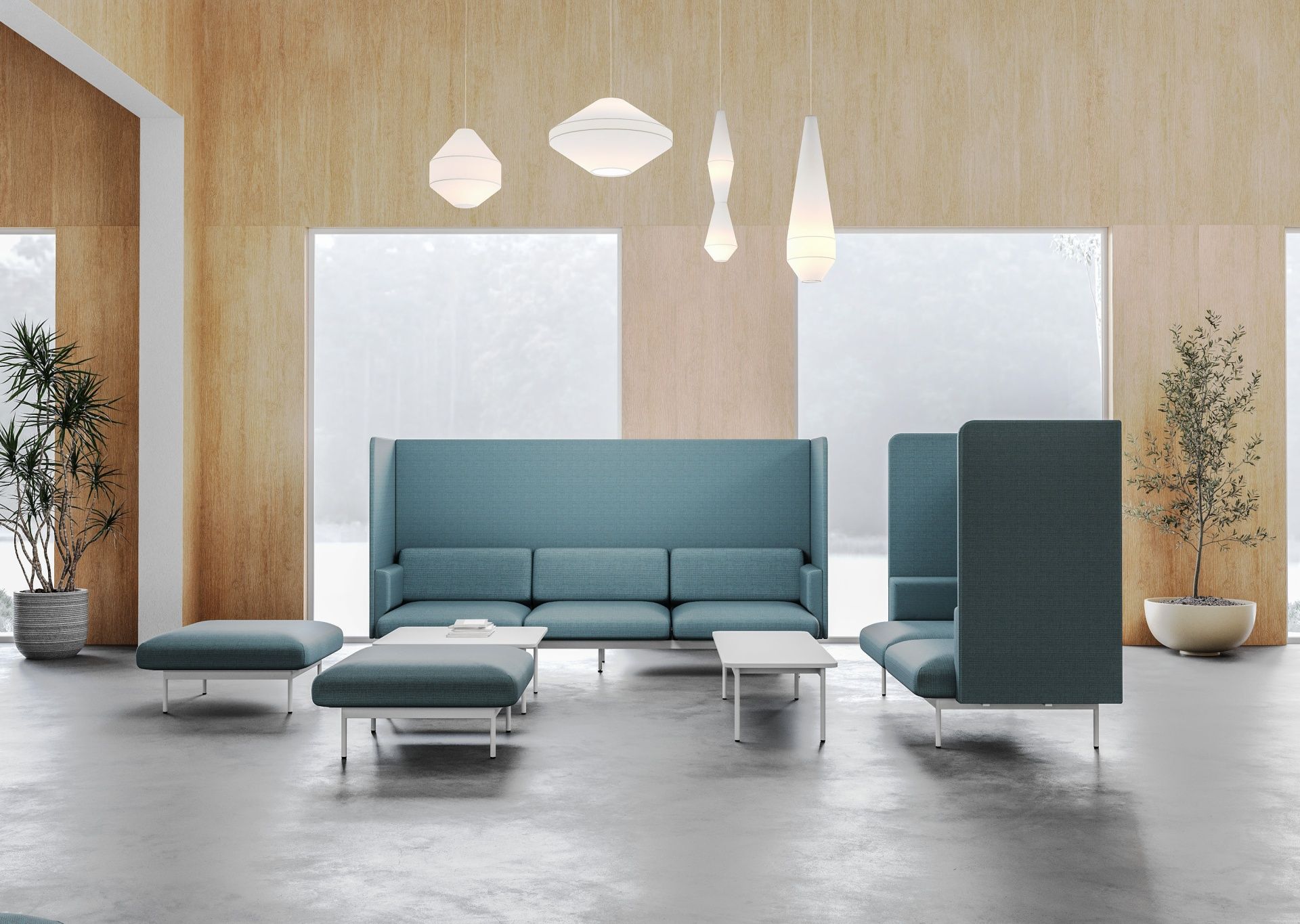 fora FR 100 Ottoman / Hocker Bejot: Blauer Hocker mit weißen Beinen in modernem Büro-Lounge-Bereich.