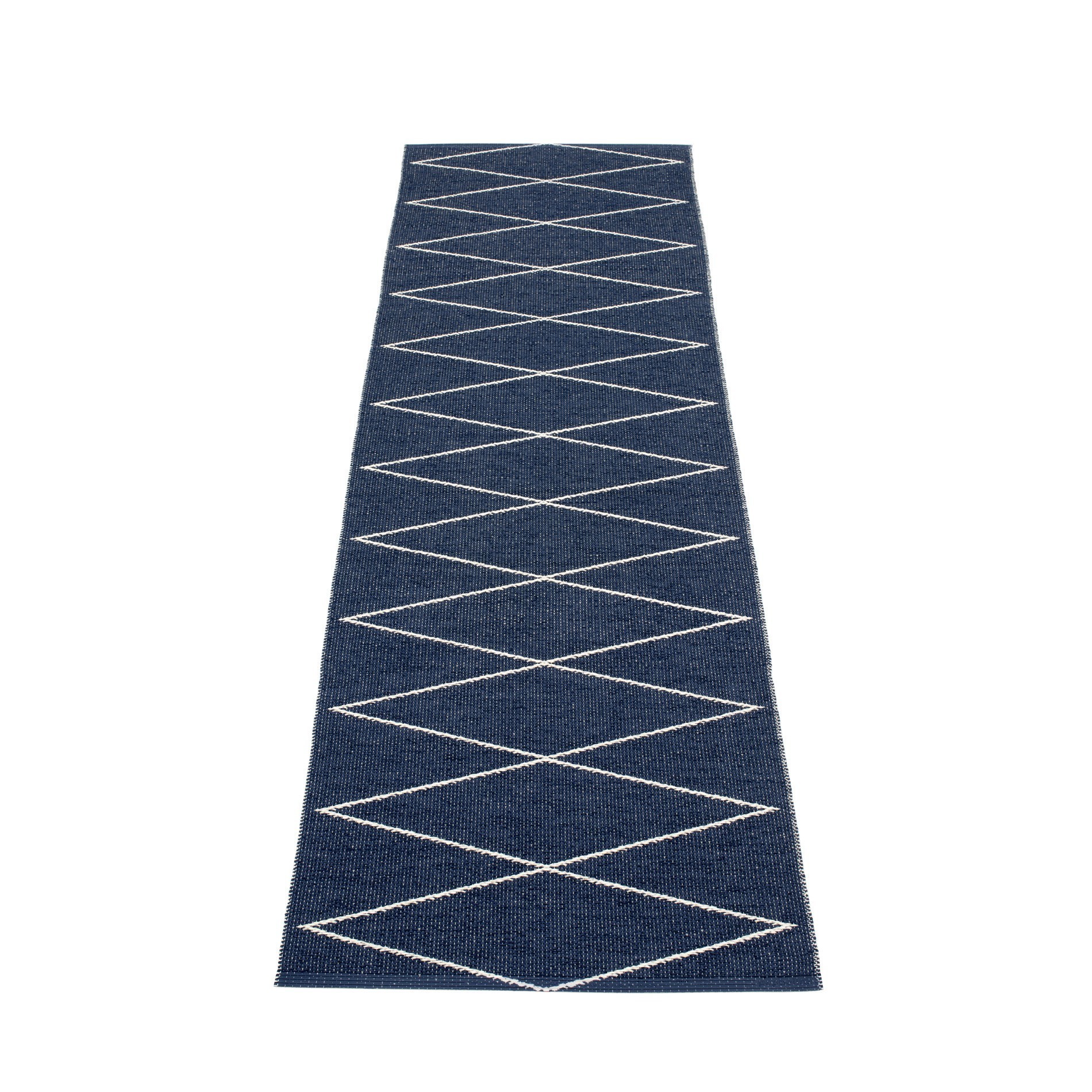 Blauer Pappelina Kunststoffteppich "Max" (70x240 cm) mit weißem Rautenmuster, ideal als Küchenteppich oder Badteppich.