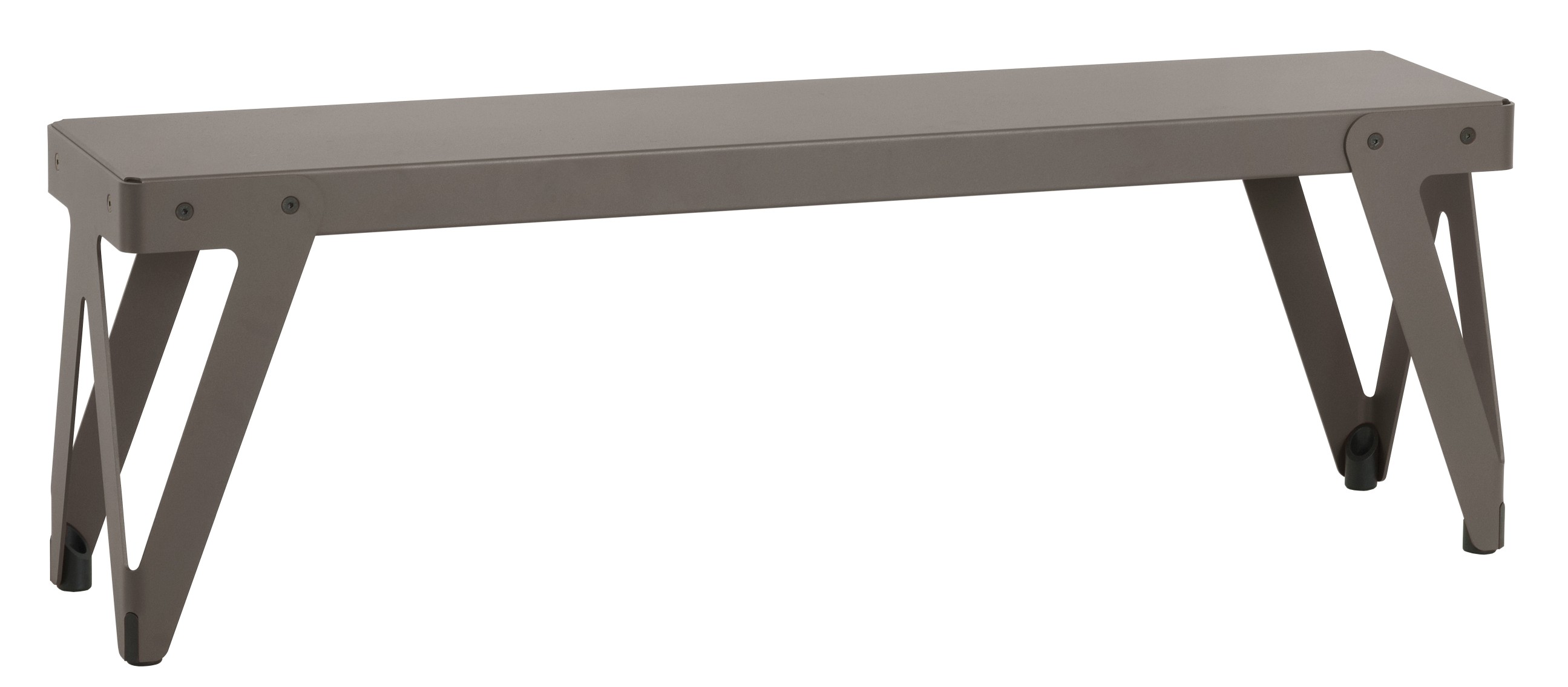 Lloyd Indoor Bench Bank Functionals: Moderne, graue Sitzbank mit minimalistischem Design und markanten, schrägen Metallbeinen.