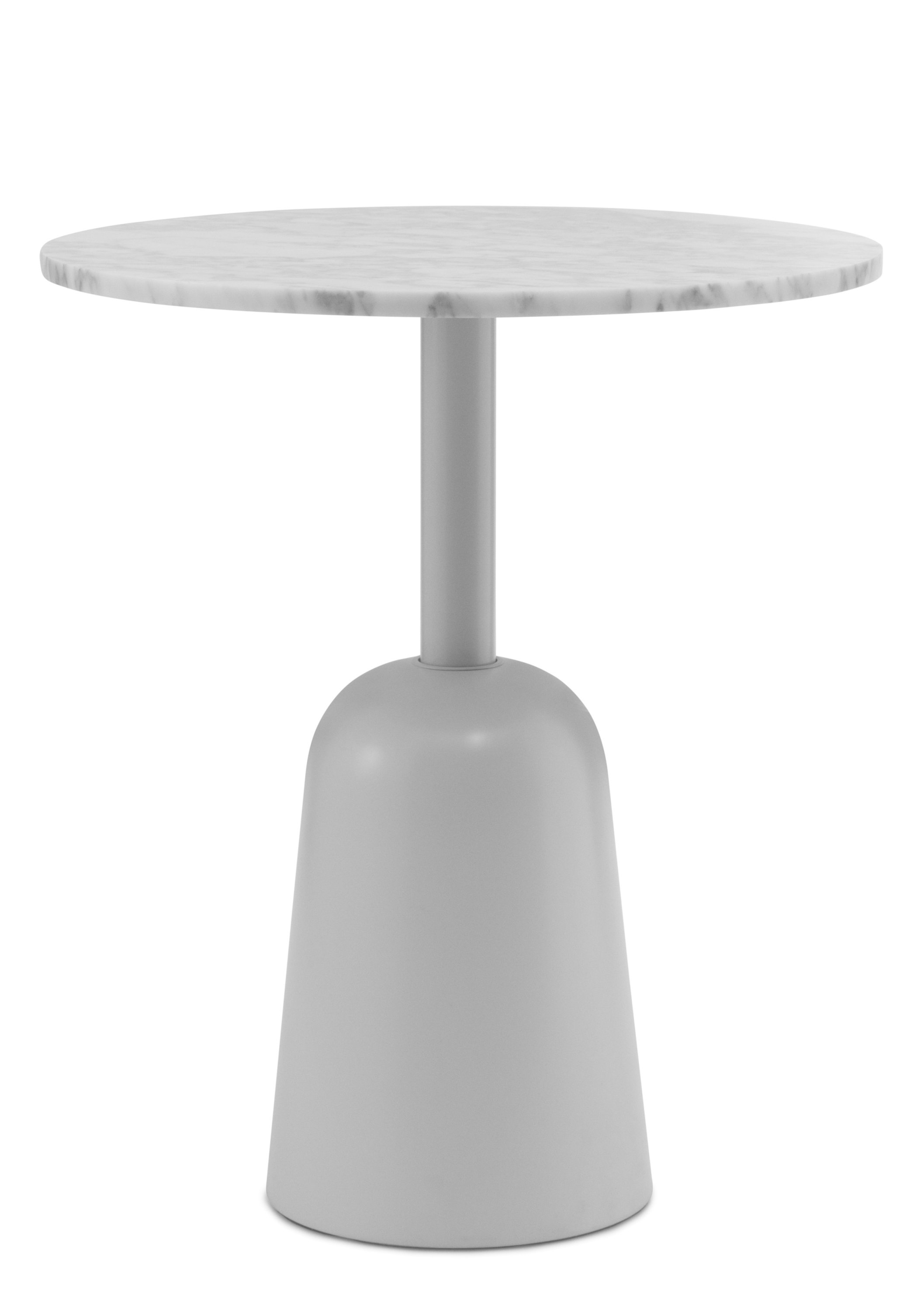 Normann Copenhagen Turn Table Beistelltisch mit runder Marmorplatte und grau lackiertem Metallfuß.