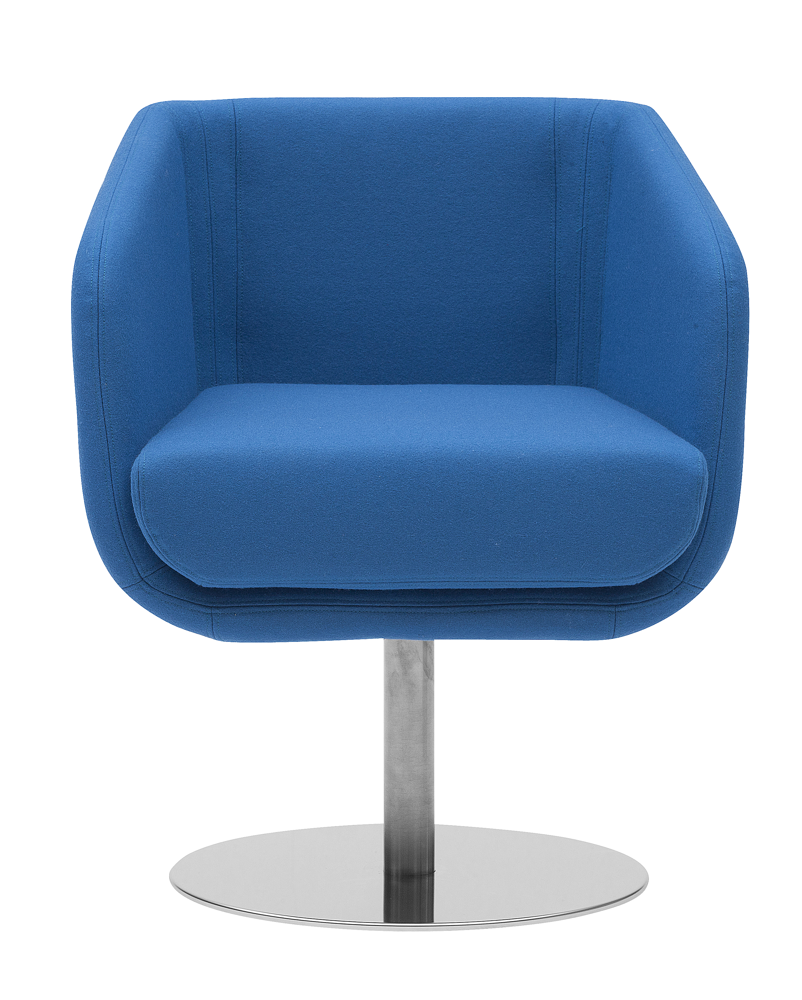 Blauer Shelly Sessel Softline mit Stoffbezug und Drehfuß aus Metall, Frontansicht.