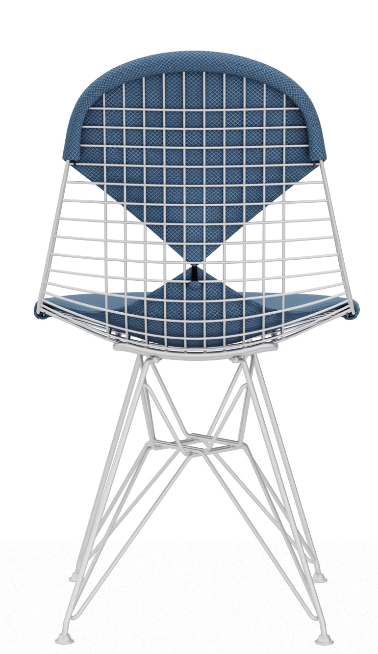 Vitra Wire Chair Bikini Outdoor, Stuhl mit Drahtgestell und blauer Sitz- und Rückenpolsterung.