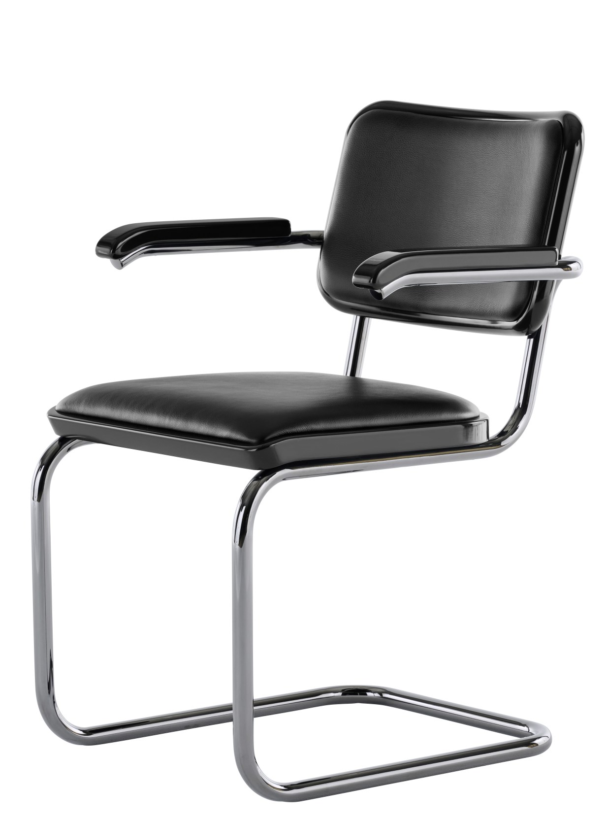 JS. Thonet S 64 P Freischwinger Stuhl mit schwarzem Leder und verchromtem Stahlrohr Gestell.
