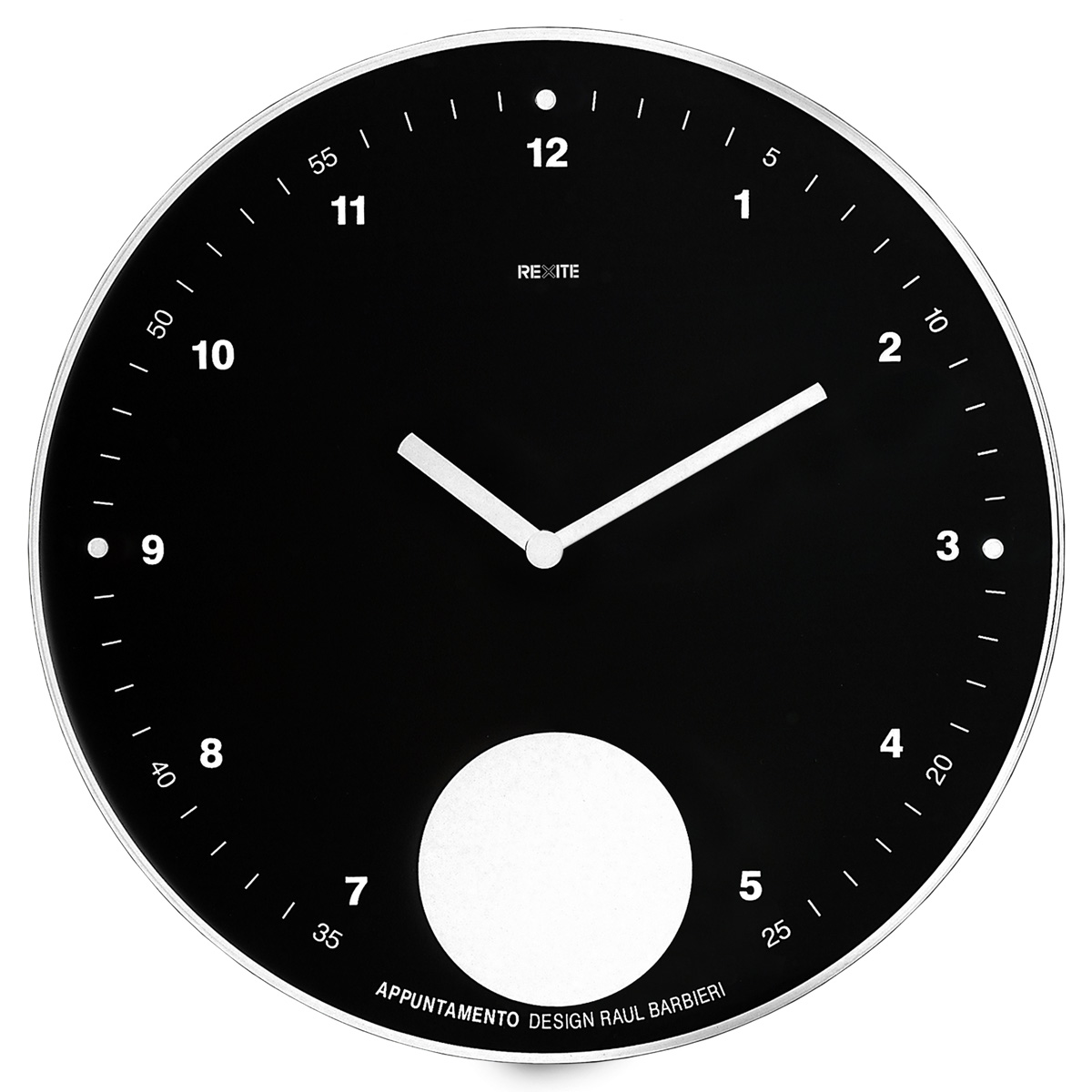 Schwarze Rexite Appuntamento Wanduhr mit weißem Ziffernblatt und Zeigern, modernes Design für Wohnzimmer und Büro.