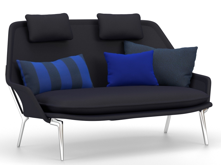 Schwarzes Slow Sofa von Vitra mit blauen Kissen und silbernen Beinen, Stoffbezug, modernes Design.