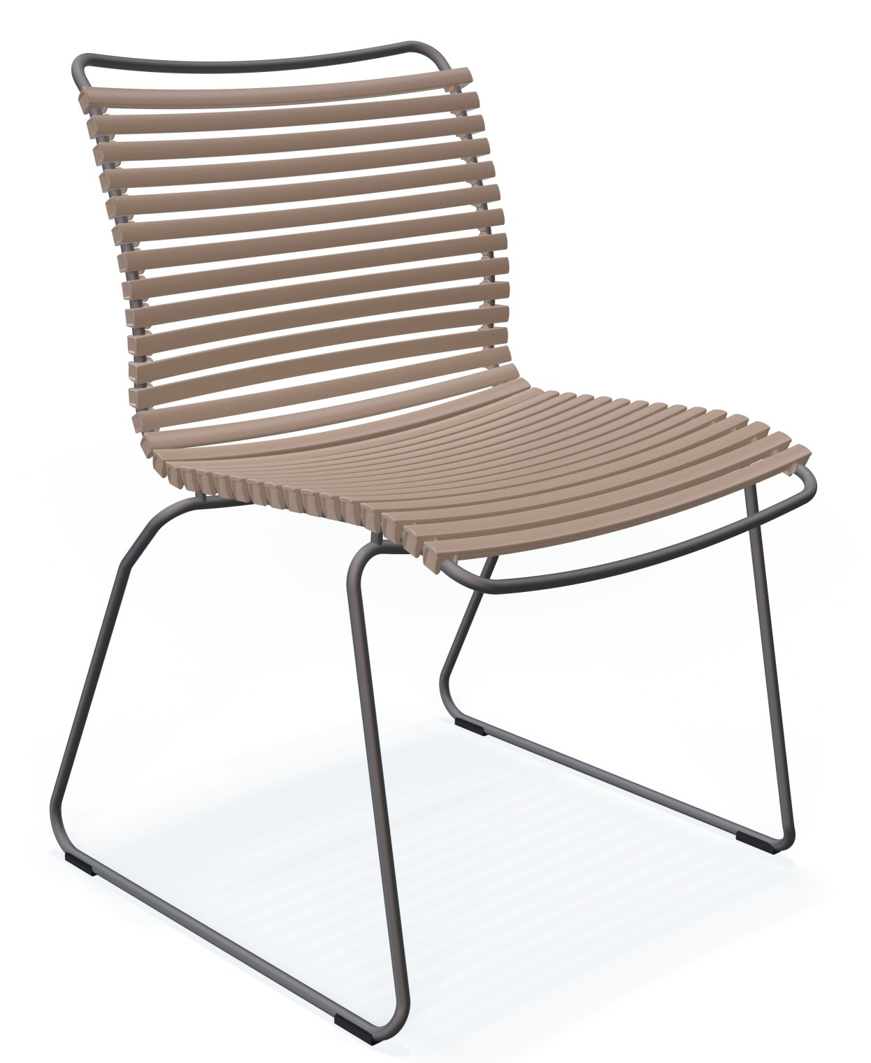Click Dining Stuhl ohne Armlehne von Houe, Outdoor-Stuhl mit Lamellen in Taupe und dunklem Metallgestell.
