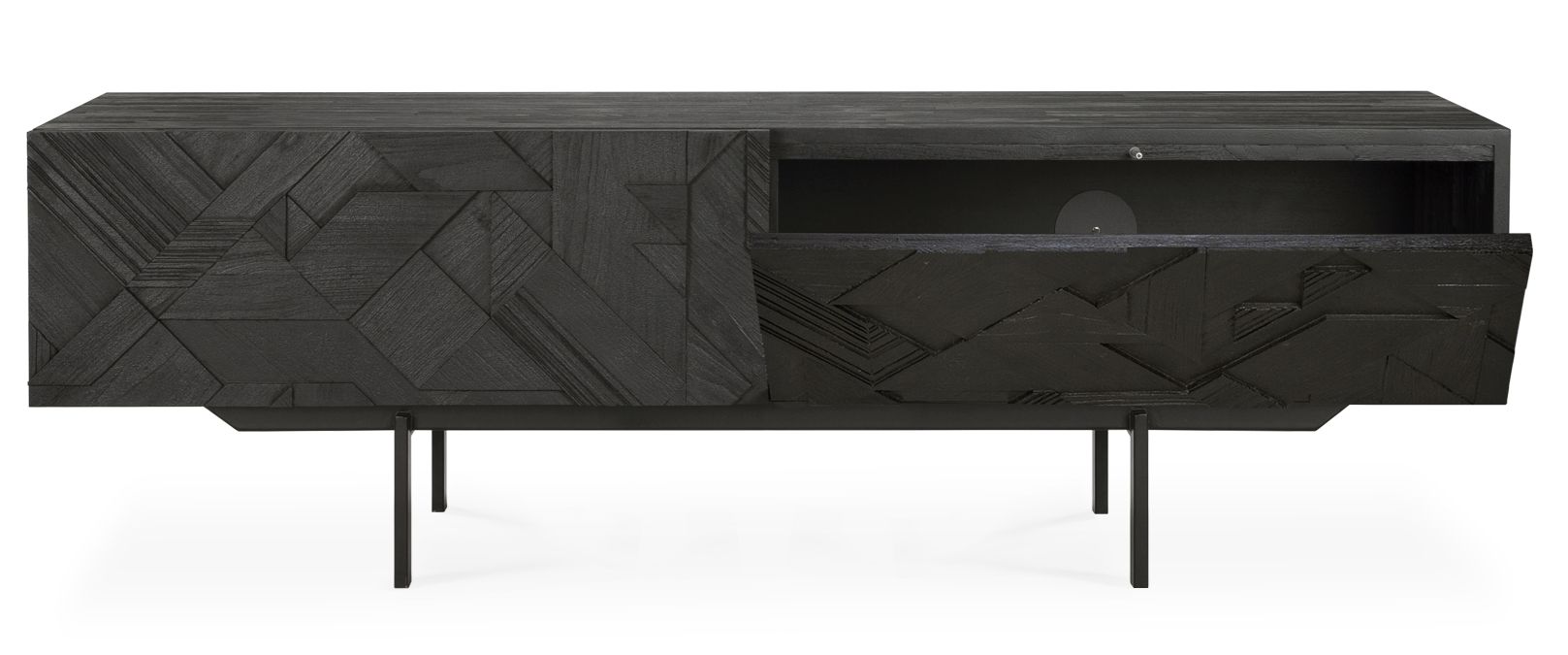 Schwarzes Graphic TV Möbel aus Teakholz von Ethnicraft mit geometrischem Muster und offenen Fach.