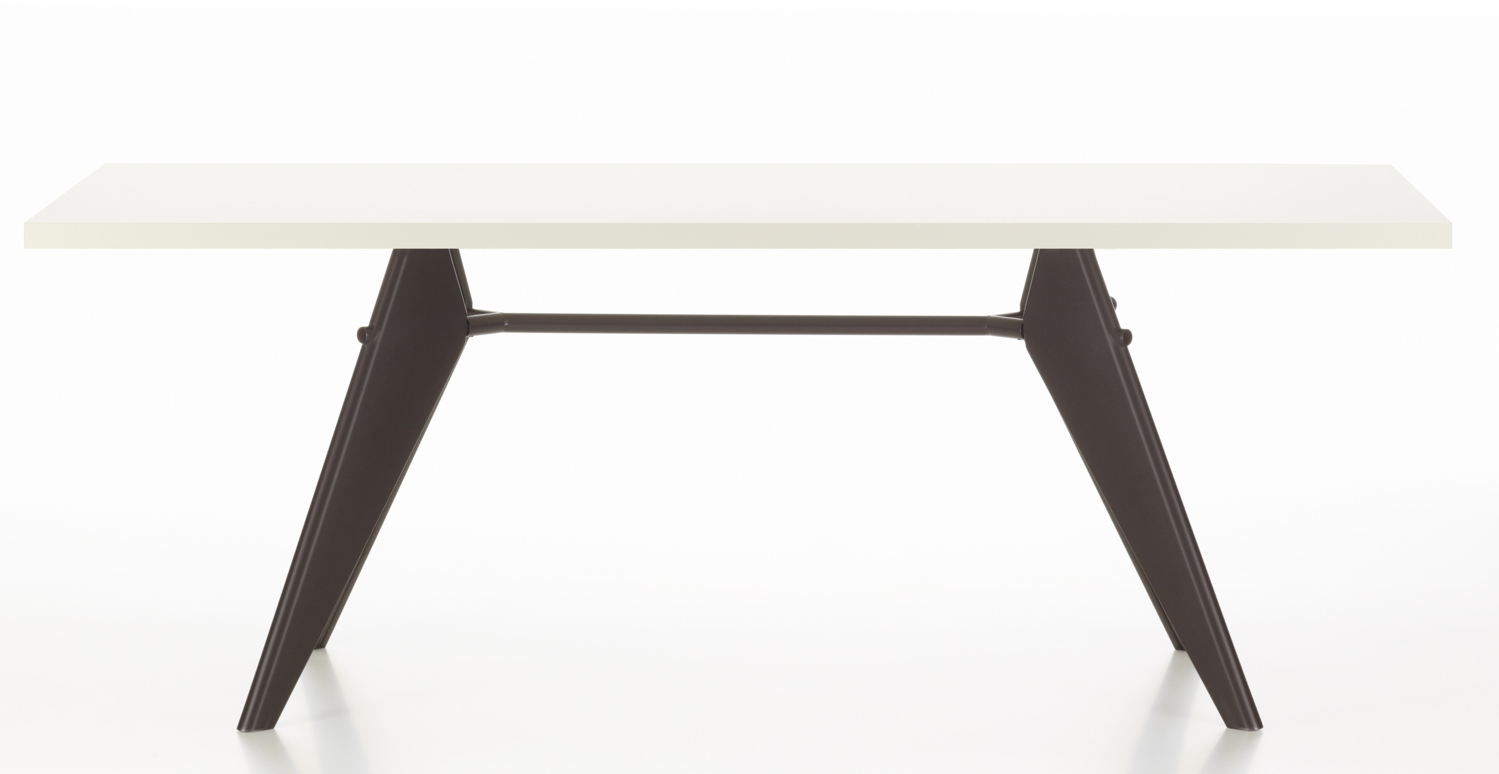 Vitra EM Table mit weißer HPL-Tischplatte und dunklem Untergestell, ideal für Esszimmer und Büro.