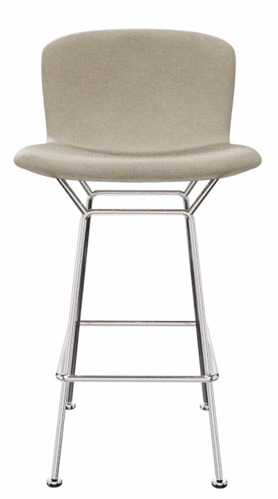 Bertoia Barhocker von Knoll International mit beigem Stoffbezug und verchromtem Stahlgestell, Frontansicht.
