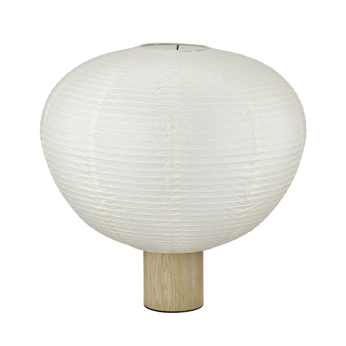 Kami Reispapier Tischleuchte von Blomus mit rundem Lampenschirm und hellem Holzfuß.