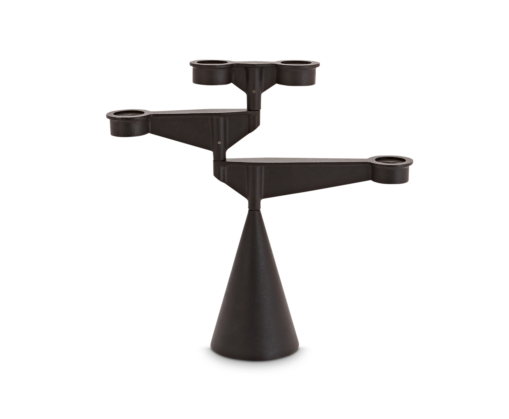 Schwarzer Spin Candelabra Kerzenständer von Tom Dixon mit drei Armen und konischem Fuß.