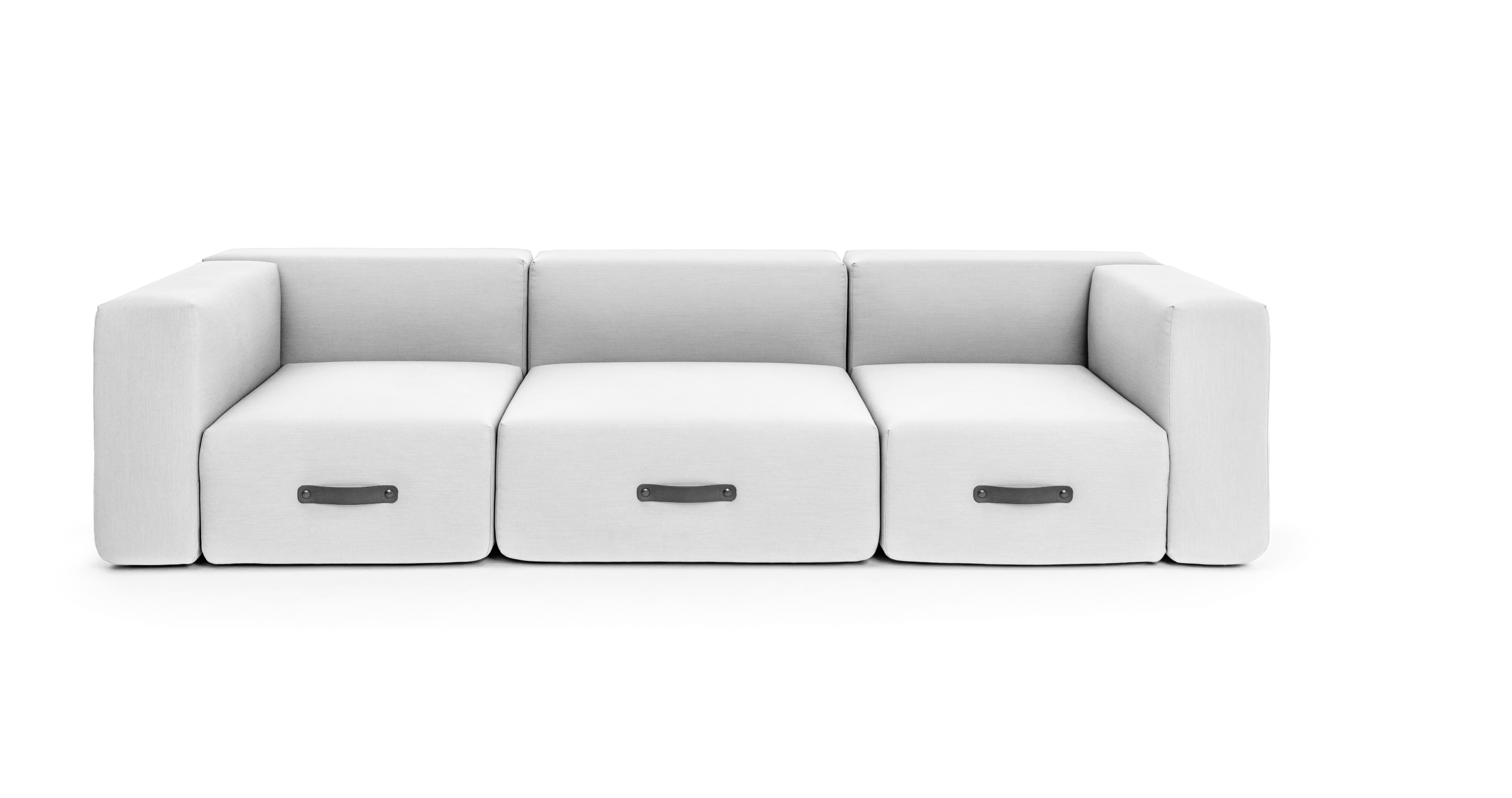 Miami Outdoor Sofa Hocker Conmoto, modernes Gartensofa mit weißen Polstern und grauen Ledergriffen.