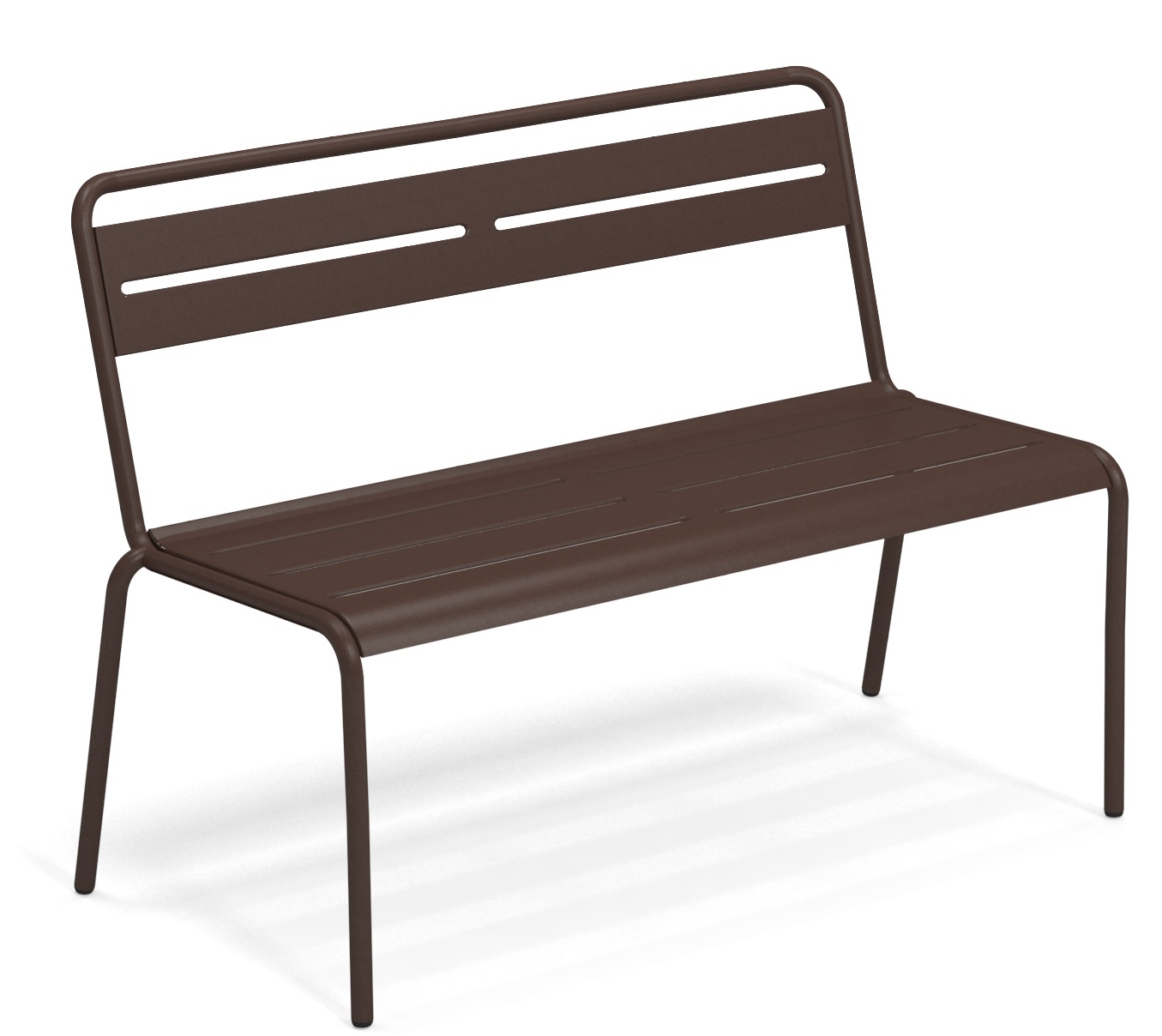 Star Bench Bank Outdoor Emu, braune Gartenbank aus Metall mit Rückenlehne für den Außenbereich.
