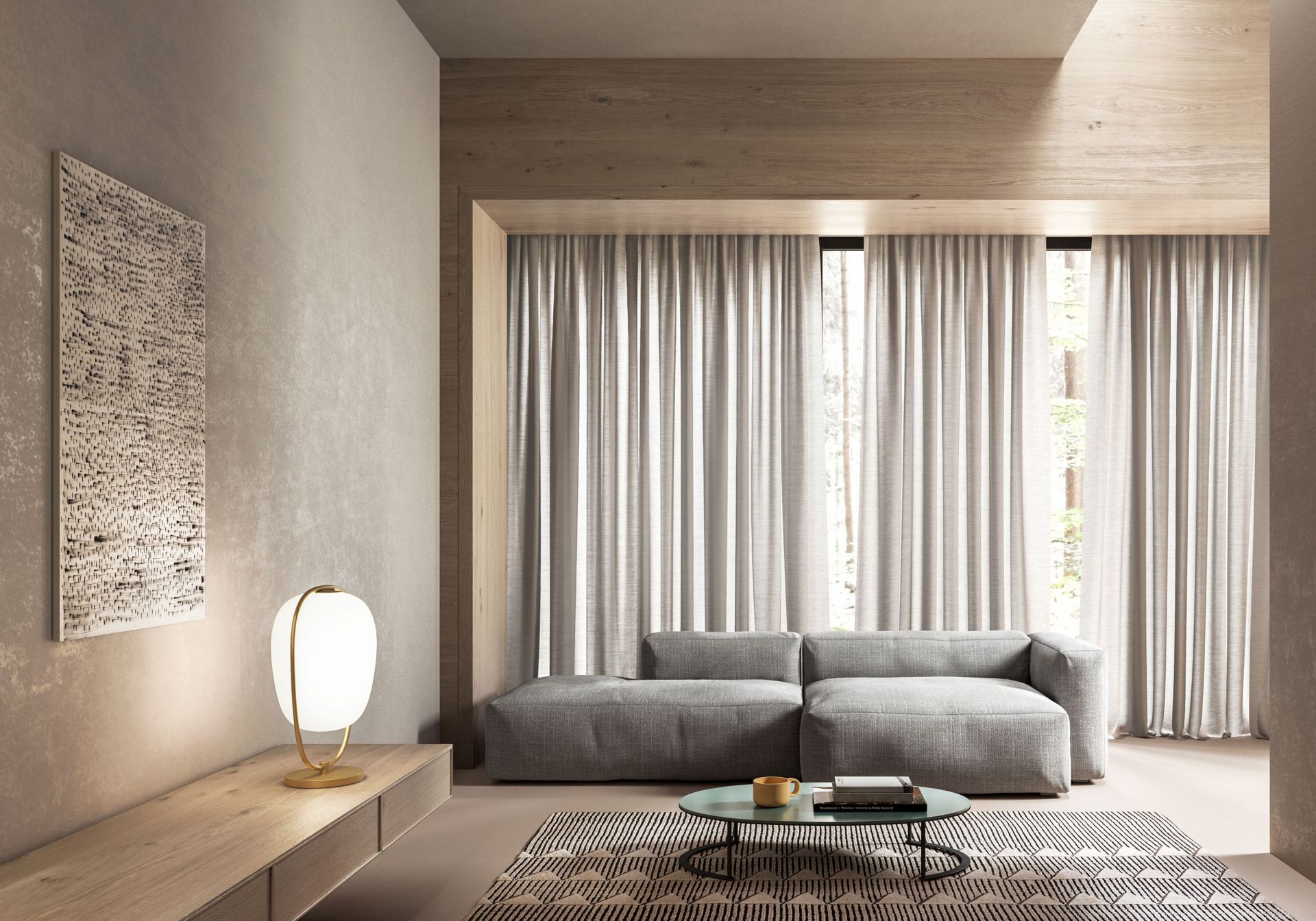 Modernes Wohnzimmer mit grauer Modulsofa, Teppich, Tischlampe und Vorhängen für stilvolles Wohnen.
