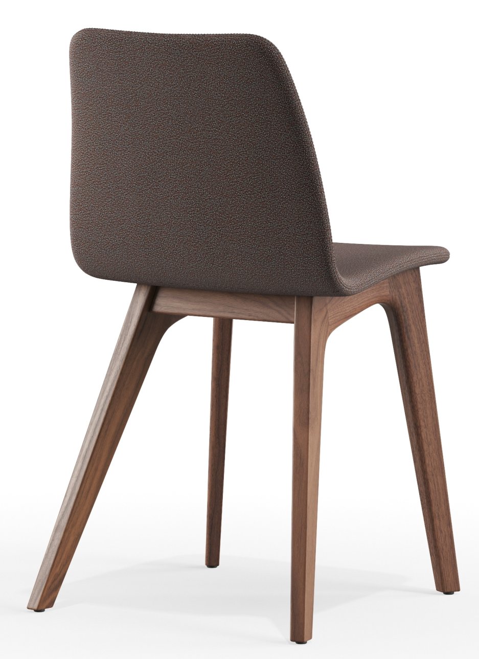 Morph Holzstuhl mit braunem Stoffbezug und Holzbeinen, Ansicht von hinten, moderner Esszimmerstuhl.