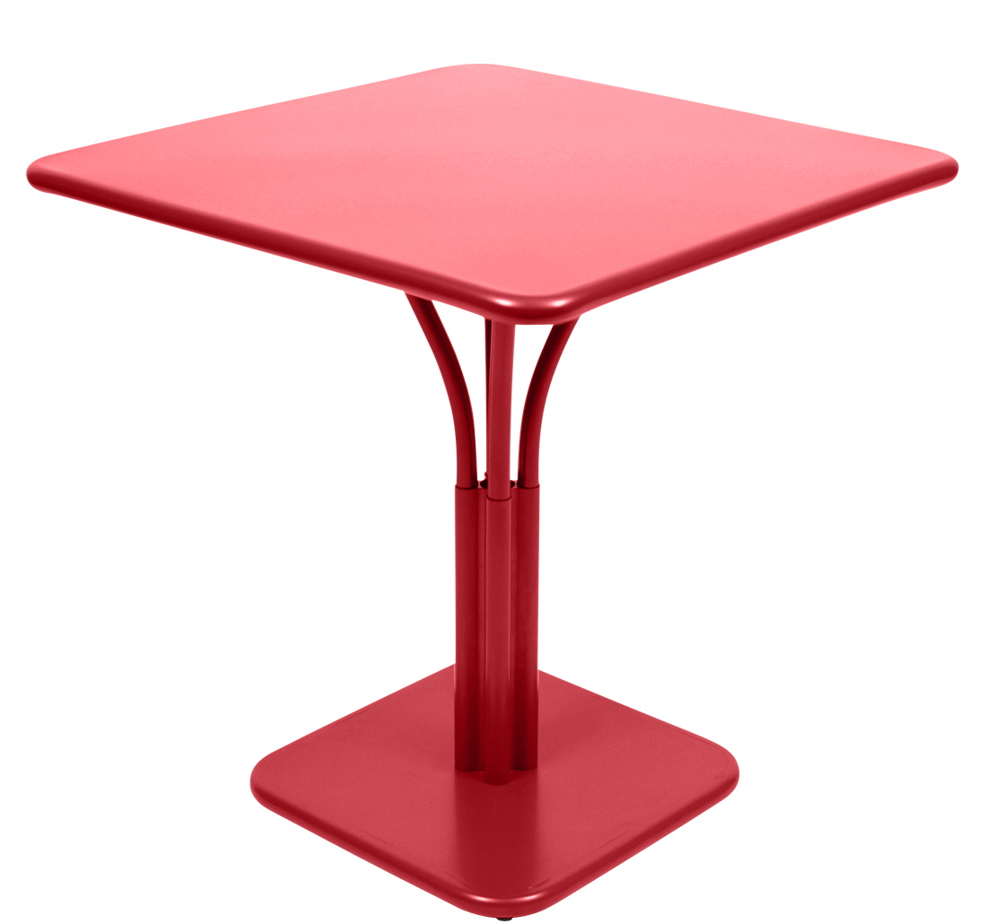 Roter Fermob Luxembourg Tisch, quadratisch, für den Außenbereich. Kleiner Gartentisch aus Metall.