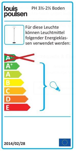 Energielabel für Louis Poulsen PH 3½-2½ Bodenleuchte, Energieeffizienzklasse A+ bis E, Leuchtmittel-Informationen.