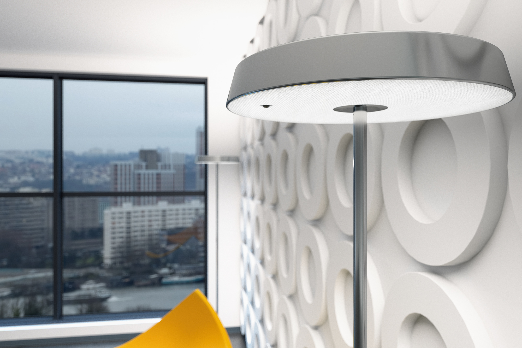 Nahaufnahme der modernen Belux Koi S LED Stehleuchte im Interieur.