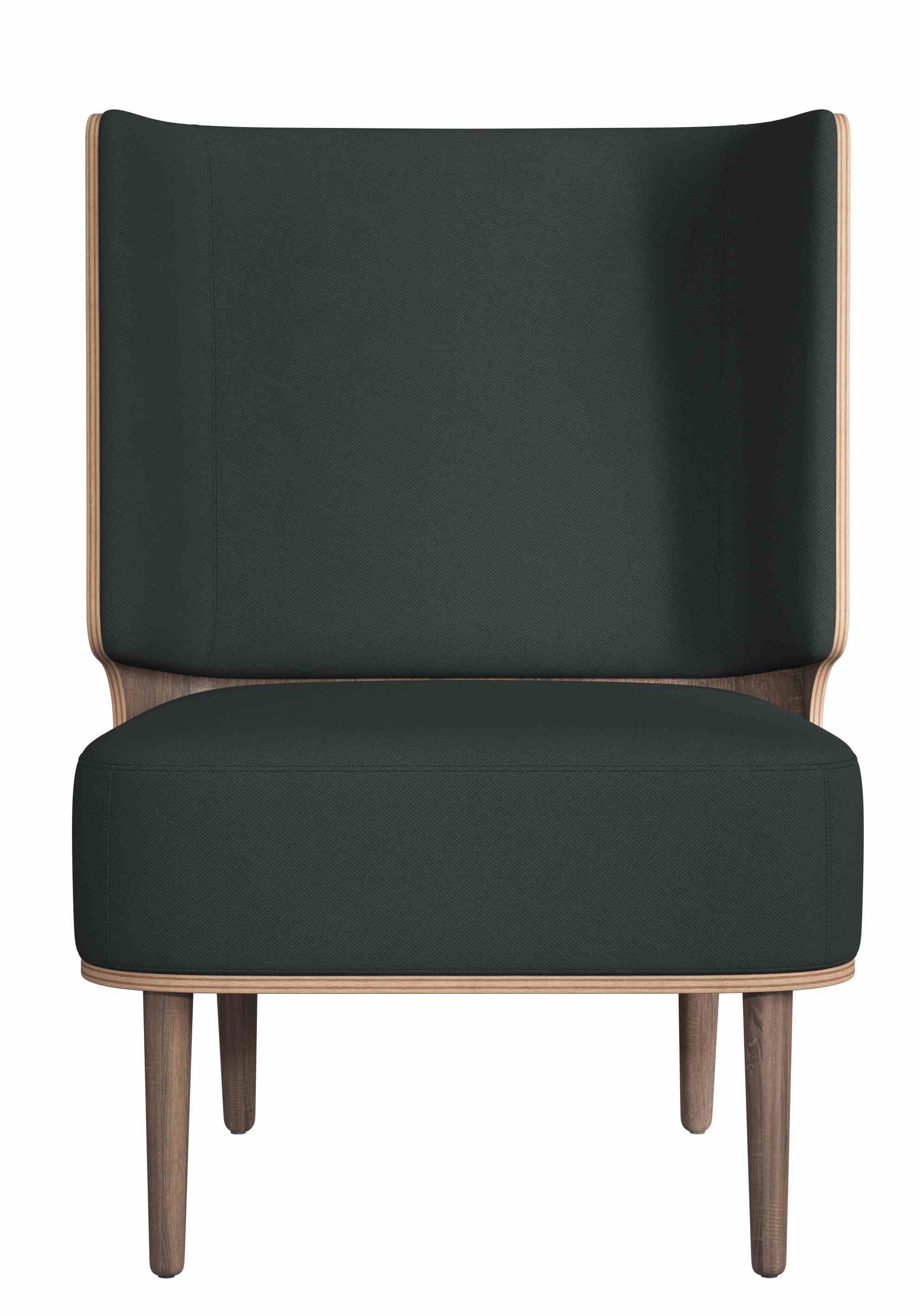 Serena Lounge Chair mit dunkel gebeiztem Eichenrahmen und grauem Stoffbezug. Sessel für Wohnzimmer.