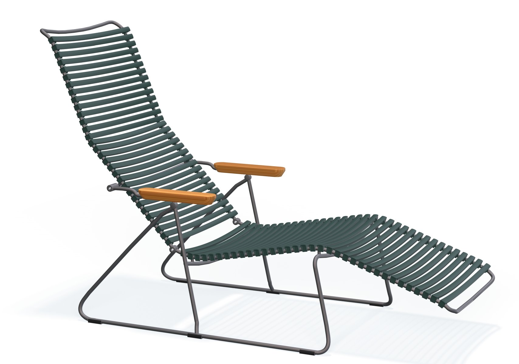 Click Sunlounger: Dunkelgraue Outdoor Sonnenliege von Houe mit Holzarmlehnen für Garten und Terrasse.
