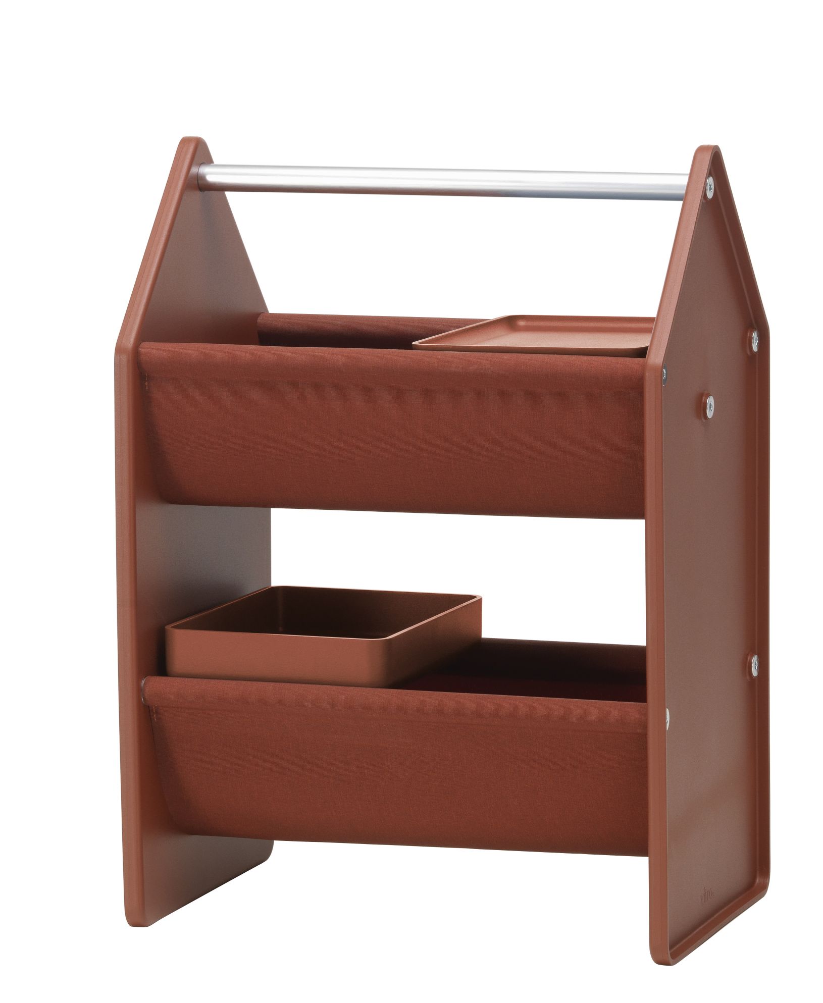 Vitra Drop Box Aufbewahrungsbox in Braun mit zwei Stofffächern und Ablageschalen.