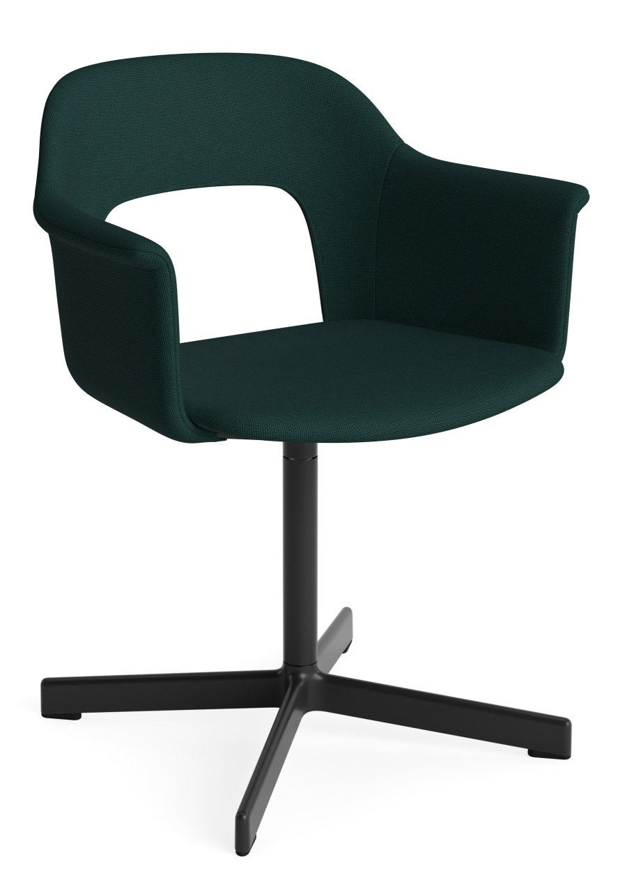 Layout Armchair von Hay, grüner Bürostuhl mit Armlehnen und schwarzem Drehfuß.