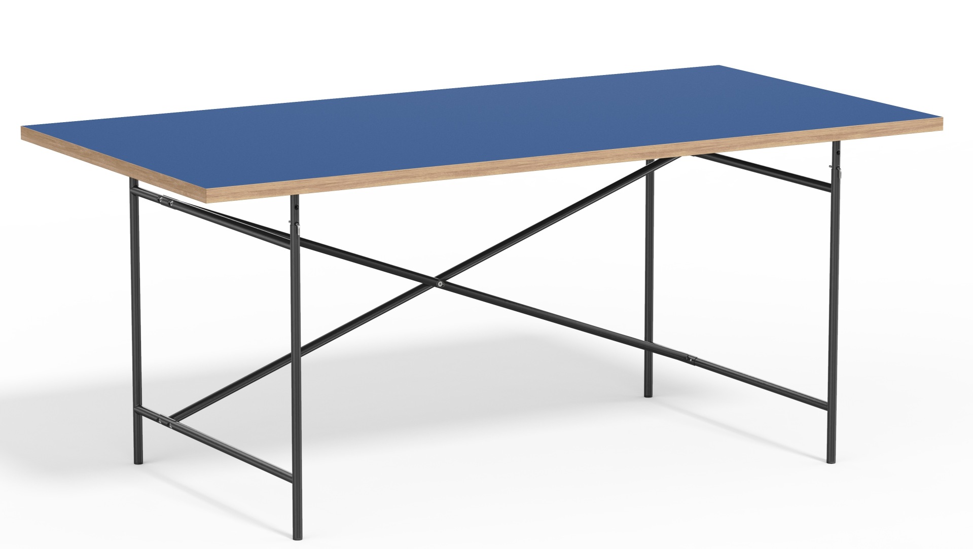 Eiermann Tisch mit blauer Tischplatte und schwarzem Stahlgestell, ein moderner Schreibtisch für Büro und Zuhause.