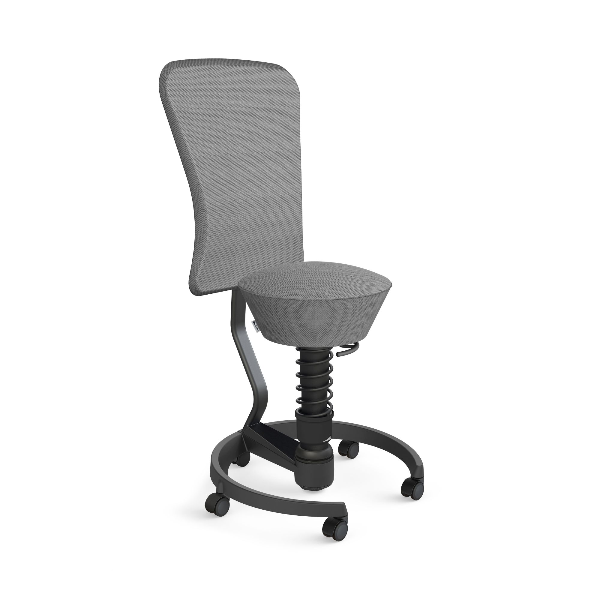 Grauer Bürostuhl mit Rückenlehne, Federung und Rollen für ergonomisches Sitzen im Büro.