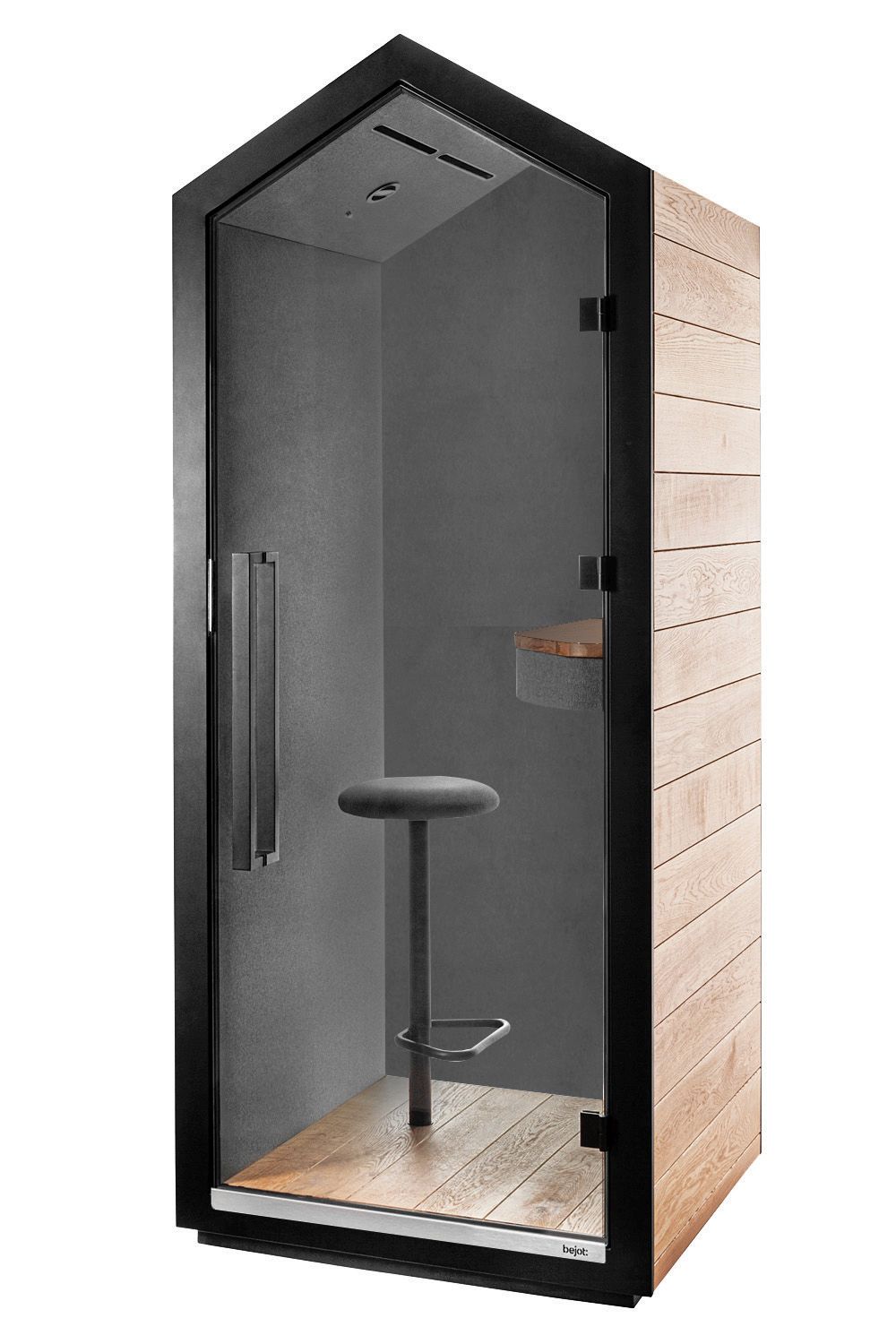 Bejot treehouse THS Akustikkabine mit Glastür, Barhocker und Holzverkleidung für Büro oder Coworking Space.