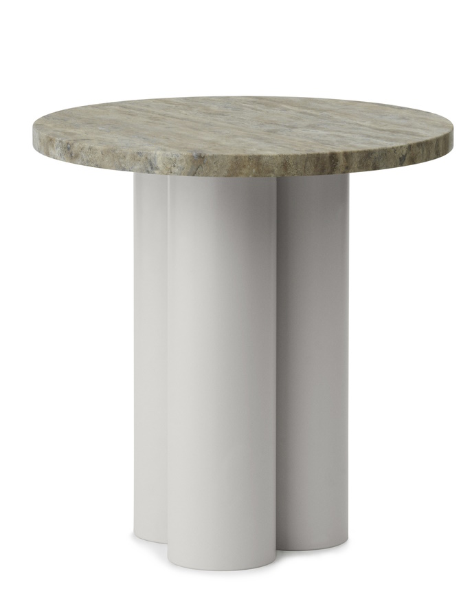 Dit Coffee Table von Normann Copenhagen, runder Beistelltisch mit Marmorplatte und drei zylindrischen, weißen Beinen.